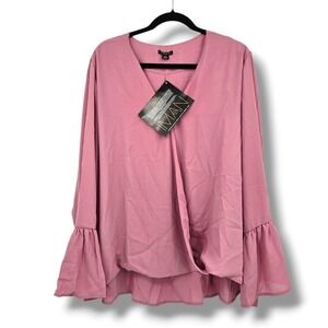 IMAN Global Chic Women's 3X Pink Long Sleeve‎ V Neck Ruffle Cuff Blouse Top